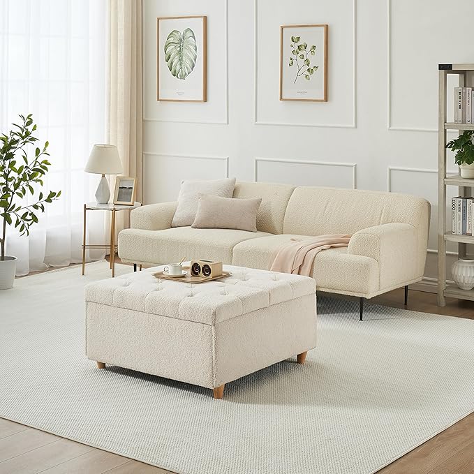 GAOMON Sherpa Storage Ottoman Coffee Table with Lift Top, Sherpa Fabric Tufted Upholstered Ottoman with Storage, Large Square Storage Ottoman Bench for Bedroom Living Room(Sherpa, White)
