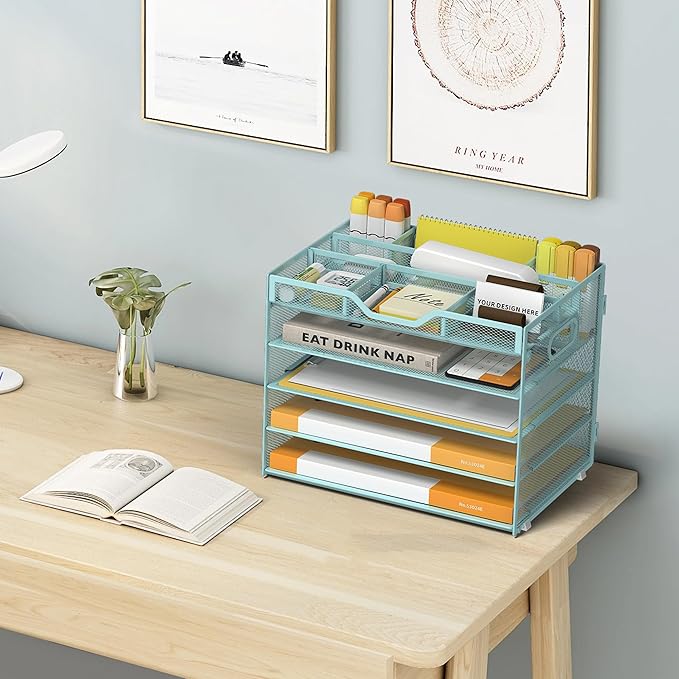 5 Tier Paper Letter Tray with 3 Drop-in Pen Holders, Mesh Desk File Organizer with Handle, Desk Organizers and Accessories for School,Home, Office Supplies Storage-Blue-NeatNest