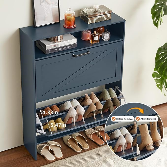 Shoe Storage Cabinet with 2 Flip Drawers,Farmhouse Narrow Shoe Organizer with Legs,Freestanding Hidden Slim Shoe Rack Cabinet with Open Storage for Entryway,Hallway, Foyer, Blue-NeatNest