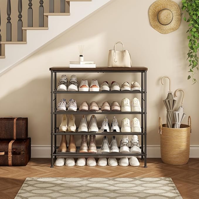 Shoe Rack Organizer 5 Tier for Closet Entryway Free Standing Metal Storage Shoe Shelf with MDF Top Board，Black+Rustic Brown-NeatNest