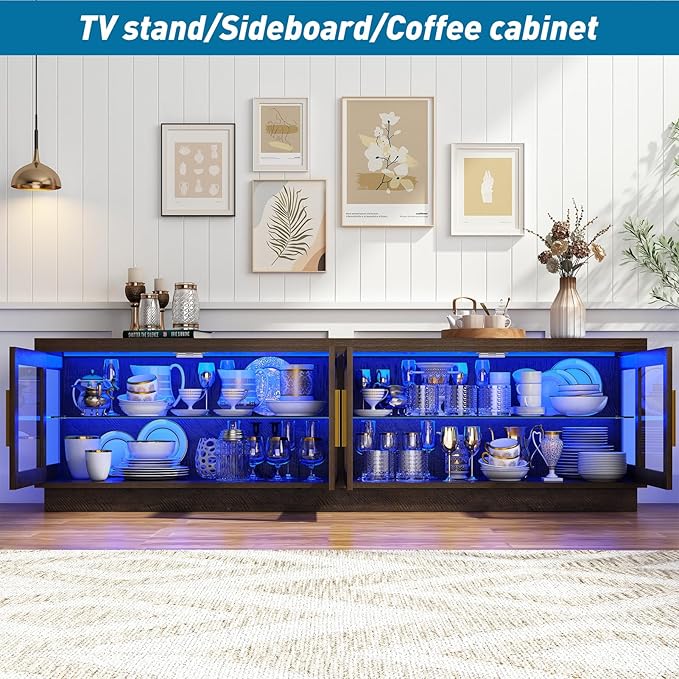 71IN LED TV Stand for 85/80/75inch TV,High Glossy Wooden Farmhouse TV Stands for Living Room,TV Gaming Entertainment Center with Storage Cabinet,RGB LED(Brown)-NeatNest