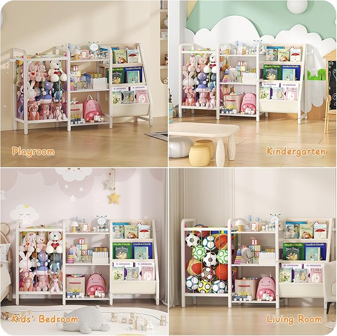 B1 Kids Bookshelf and Toy Storage, 3-Tier Book Shelf for Kids Rooms, Sling Baby Bookcase with Stuffed Animal Storage, Montessori Toddler Bookshelf for Nursery, Bedroom, Playroom, White