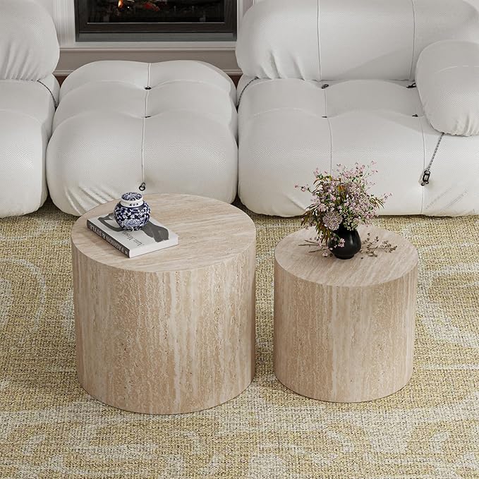 Round Wood Coffee Table Set of 2 Modern Circle Nesting Coffee Table Handcrafted Drum Nesting Table Nesting Coffee Tables for Living Room for Small Space (Travertine (D18.2+D14.6 inch))