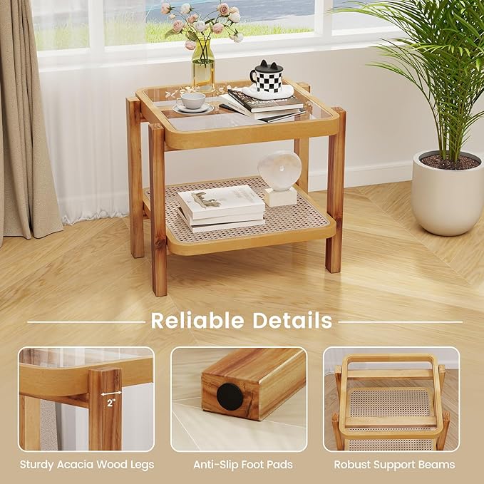 Giantex Rattan Side Tables Set of 2, Boho End Tables for Living Room, Narrow Bedside Tables with Tempered Glass Top, Wood Accent Tables with Storage Shelf, 2-Tier Nightstands for Bedroom Small Spaces