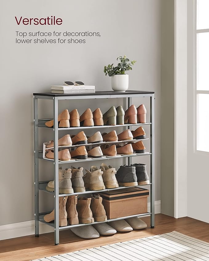 VASAGLE Shoe Rack for Entryway, 5-Tier Shoe Rack Organizer with Storage Shelves and Spacious Top, Freestanding, Adjustable, Industrial, Charcoal Grey and Metallic Silver ULBS038E22-NeatNest