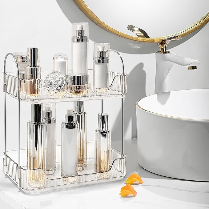 Bathroom Counter Organizer Countertop Storage Skincare Countertop Makeup Organizer Cosmetics Skincare Organizers Holder for Perfume-Clear white-silver pole-NeatNest