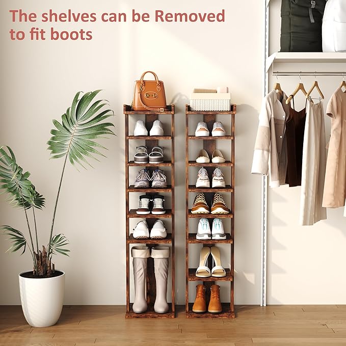 HOMEFORT 7-Tier Wood Shoe Rack, Entryway Shoe Tower,Vertical Shoe Organizer, Wooden Shoe Storage Stand, Rustic Brown-NeatNest