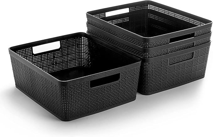 BINO | Woven Plastic Basket | Medium (Black), 4-Pack | THE JUTE COLLECTION | Home Organization, Space - Saving Storage, Stylish Design | Jute Basket | Plastic Storage Basket-NeatNest