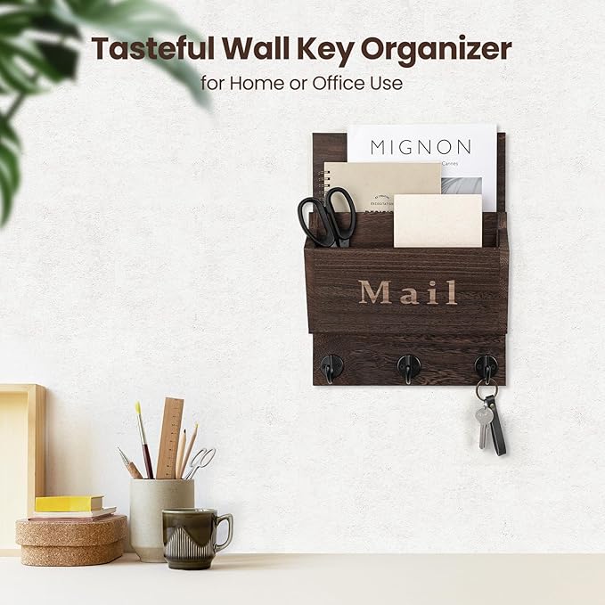 Mail and Key Holder - Decorative 9.8" x 12.5" Wall Key Hanger with 2 Mail Organizer Slots and 3 Hooks - Real Paulownia Wood with Keyhole Brackets, Hardware and Instructions (Brown)