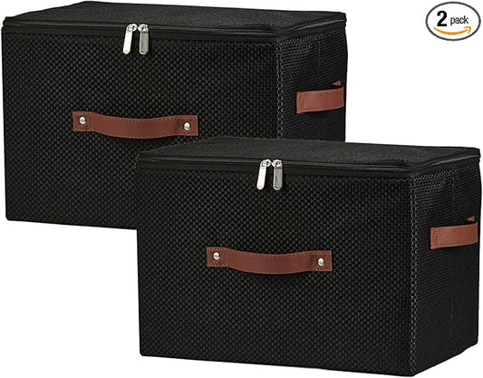 2PCS Storage Bins with Lid Fabric Storage Box Basket PU Leather Handle Textured Woven Cotton Linen Decorative Foldable Washable Shelf Closet Organizer Container (Zipper Lid, Black, Large)-NeatNest