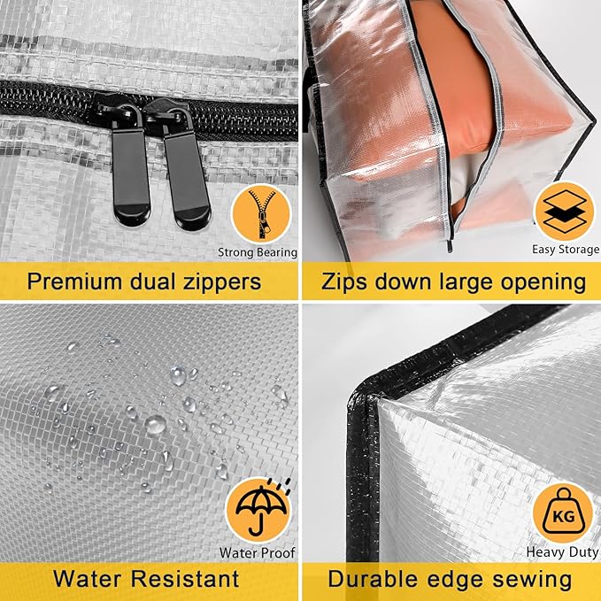 Clear Storage Bags with Zipper, 2 Pack Large Moving Bags Heavy Duty Extra Large, Plastic Storage Totes for Clothes, College dorm Packing Bag with Strong Handles-NeatNest