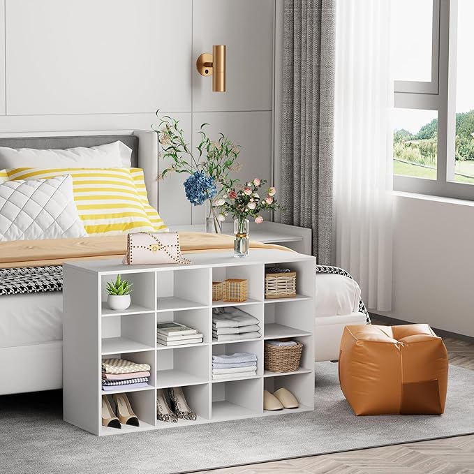 Garden 4 you Shoe Storage Bench, Cubby Shoe Rack with 16 Cubbies, 4-Tier Wood Shoe Rack Organizer, Shoe Organizer Cabinet for Entryway, Hallway, Closet and Garage, White-NeatNest