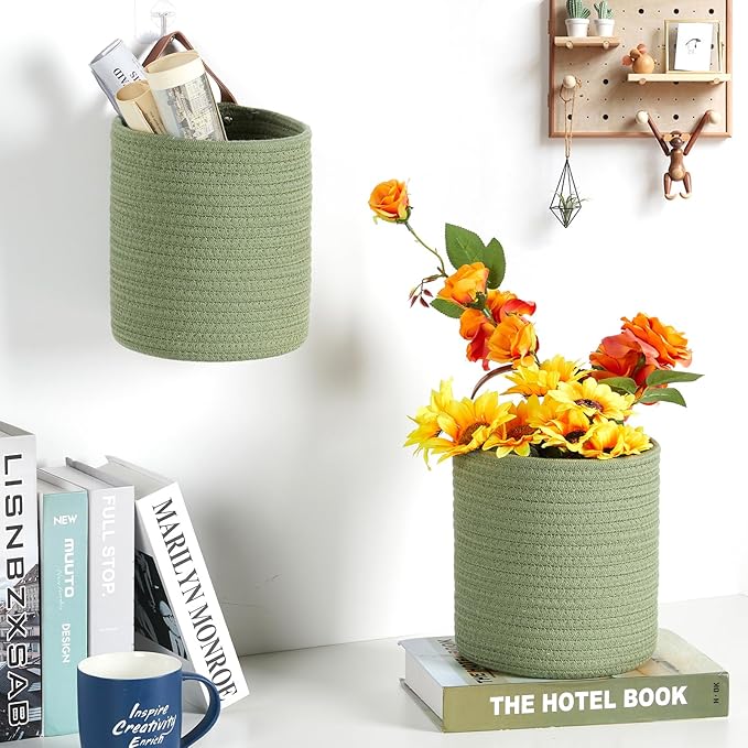 DULLEMELO Hanging Basket with Handle, Set of 2 Small Rope Hanging Wall Baskets for Decor, 7 X 8 Inches Woven Fern Hanging Storage Basket for Organizing (Green)-NeatNest