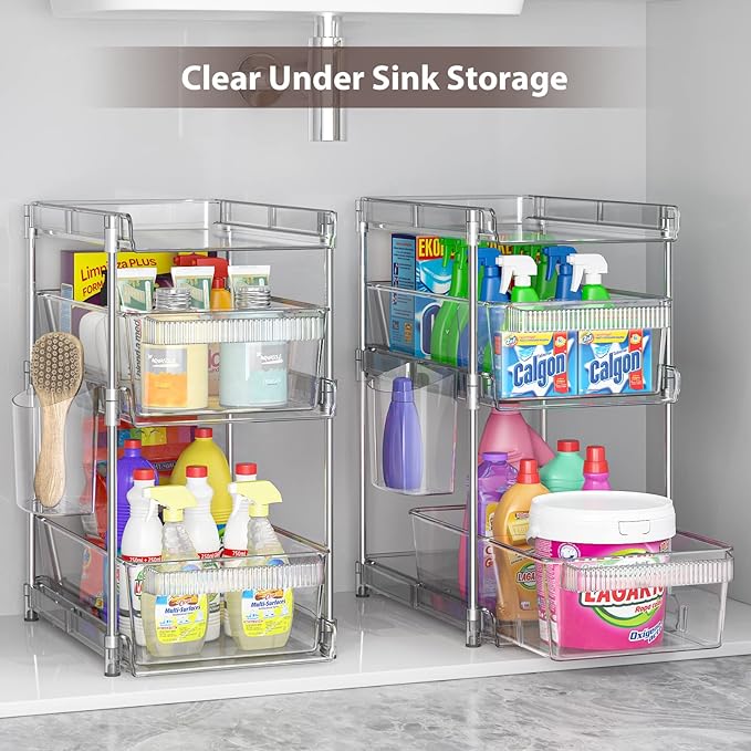 Clear Bathroom Organizers 2 Sets 3 Tier, Pull Out Organizer and Storage with 2 Cups, Slide Out Drawer Storage Container with 6 Dividers, Multi-Purpose Bathroom Organizer, Kitchen Under Sink Organizer-NeatNest