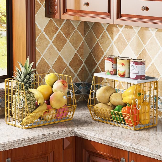 Gold Wire Basket for Organizing, Onion Storage, Hanging Wall Mount Fruit and Vegetable Storage for Pantry Organization, Sturdy Wire Metal Fruit Basket with Lid for Kitchen Laundry Countertop
