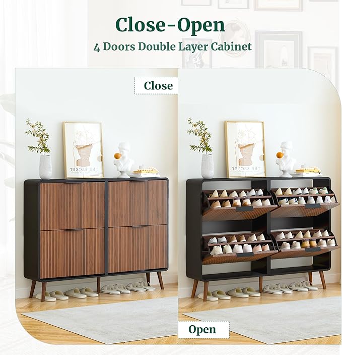 47" Fluted Large Shoe Cabinet with 4 Flip Drawers, Slim Freestanding Shoe Cabinet Organizer, Narrow Shoes Storage Rack for Entryway, 5 Sturdy Legs (Walnut and Black, 9.45" D x 47.24" W x 35.83" H)