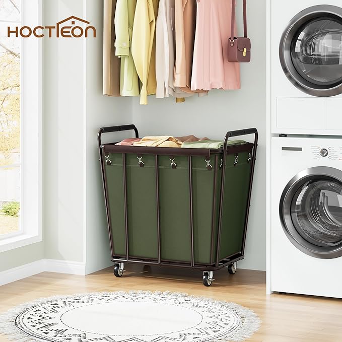 Hoctieon Large Laundry Cart with Wheels, 400L Heavy Duty Laundry Basket Organizer, Rolling Hamper Sorter for Clothes Storage, Industrial Dirty Clothes Hamper for Home & Hotel, Green+Brown-NeatNest