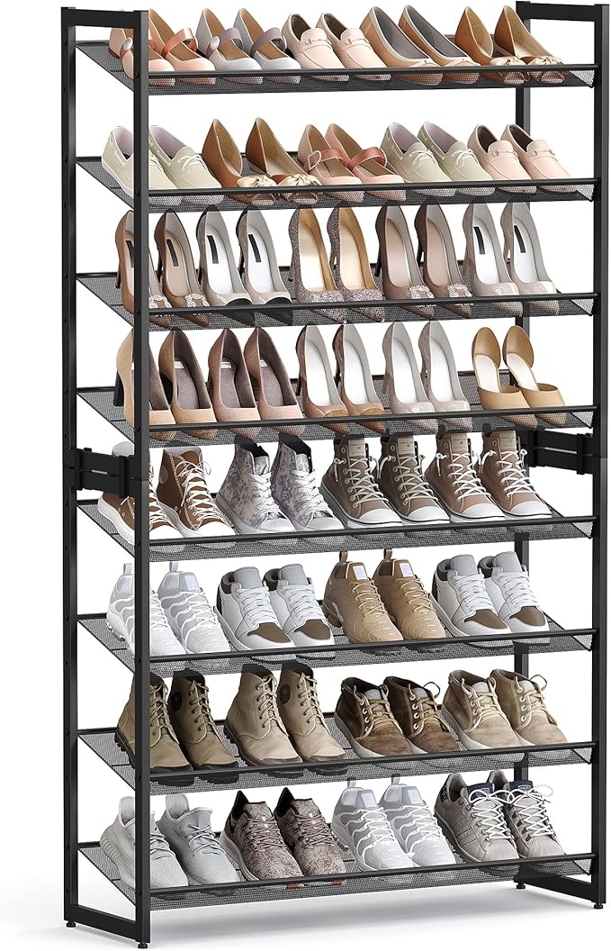 SONGMICS Shoe Rack, 8-Tier Shoe Organizer, Metal Rack for Garage, Set of 2, 4-Tier Stackable Shelf, with Adjustable Flat or Angled Shelves, 32-40 Pairs, Ink Black ULMR08B-NeatNest