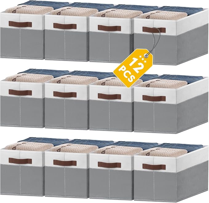 JTIEO 12 Pack Large Storage Baskets for Shelves 15"x11", Fabric Storage Bins with Handles, Collapsible Decorative Storage Baskets for Organizing Clothes, Toys, Closet, Nursery