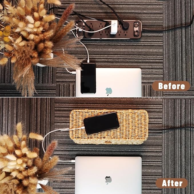 BROWNLILY Cable Management Box, Rattan Style Cord Organizer for Desk Cord Hider Outlet Covers Baby Proofing for Power Strip TV PC Router Charger Under Desk Storage with Lockable Lid and Cable Ties