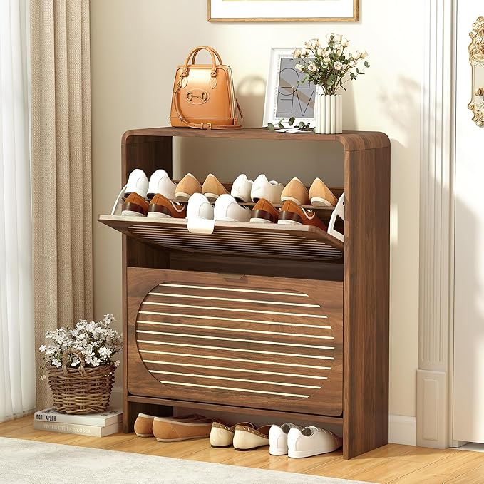 Narrow Shoe Storage Cabinet for Entryway with 2 Flip Drawers, Freestanding Wood Shoe Cabinet with Arched Stripe Panel, Curved Edge Shoe Organizer Closed Shoe Rack for Hallway, Foyer (Walnut)-NeatNest