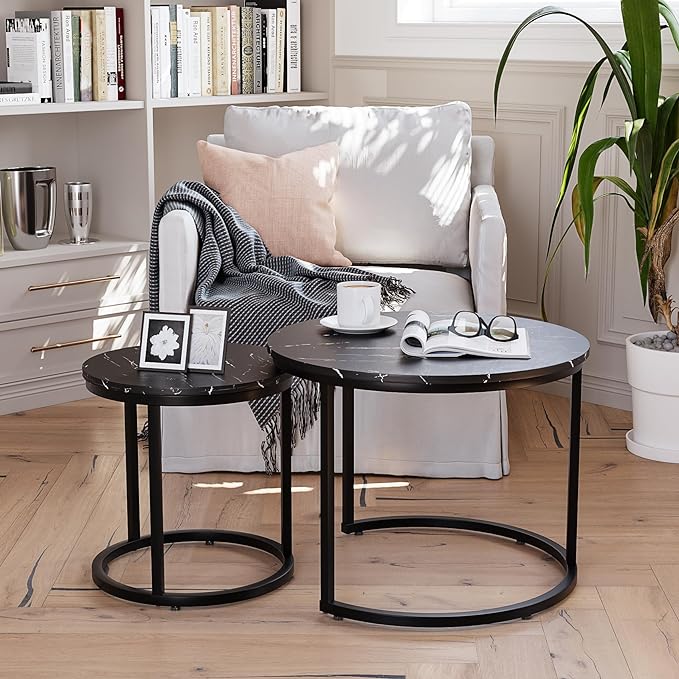 Smuxee Black Nesting Coffee Table Set of 2, 23.6" Round Coffee Table Wood Grain Top with Adjustable Non-Slip Feet, Industrial End Table Side Tables for Living Room Bedroom Balcony Yard
