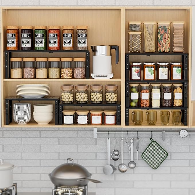 Expandable Spice Rack Kitchen Cabinet Shelf Organizer, Stackable Storage Shelves Racks, Adjustable Counter Shelving for Cabinets, Countertop, Cupboard,Pantry and More(3Packs/Black/Medium)-NeatNest