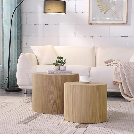 Nesting Coffee Table Set of 2, Round Side Tables Set, Wooden Accent Table, Modern End Tables, Minimalist Circle Table for Small Space Living Room Bedroom, Oak