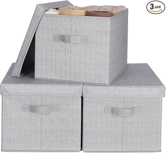WUIKE 3 Pack Extra Large Foldable Storage Bins with Lids, Fabric Storage Bins for Home and Closet Organization, Herringbone Gray-NeatNest