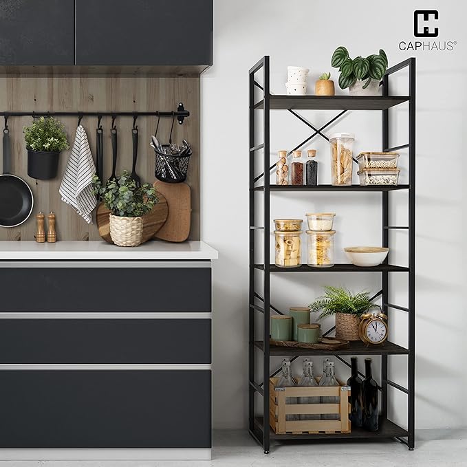 CAPHAUS 5 Tier Bookshelf, 24 Inch Width Free Standing Shelf, Bookcase Shelf Storage Organizer, Industrial Book Shelves for Home Office, Living Room, Kitchen, Black Vintage Shelves & Metal Frame-NeatNest