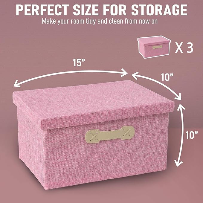 Enzk&Unity Decorative Storage Bins with Lids, Fabric Linen Foldable Storage Box with Handle Home Organizer for Shelf, Closet, Bedroom, Living Room, Office, 3 Packs, Pink-NeatNest