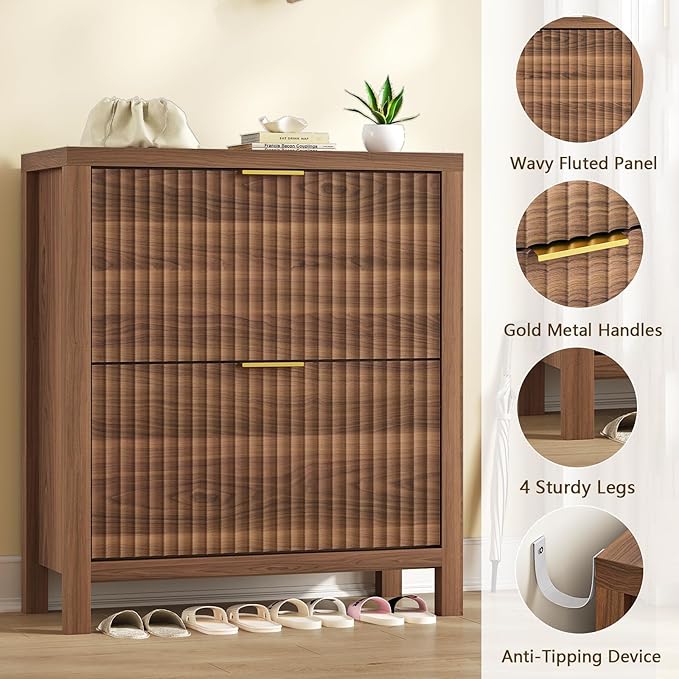 Shoe Cabinet Storage for Entryway, Fluted Shoe Cabinet with 2 Flip Drawers, Hidden Shoe Rack Tall Freestanding Shoe Organizer with Legs for Hallway, Walnut-NeatNest