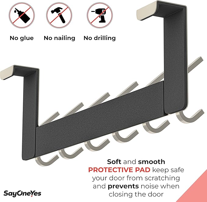 Brushed Nickel Over The Door Hooks – Heavy Duty Stainless Steel Door Hanger with 6 Double Hooks for Hanging Towels, Coats, Robes, Hats, Bags – No Drill Over Door Towel Rack for Bathroom & Bedroom-NeatNest