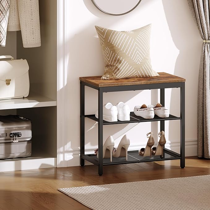 HOOBRO Shoe Bench, 3-Tier Shoe Rack, Industrial Shoe Organizer Storage Bench, 19.7 inches Entry Bench with Mesh Shelves, for Entryway, Living Room, Hallway, Easy Assembly, Rustic Brown BF50HX01-NeatNest