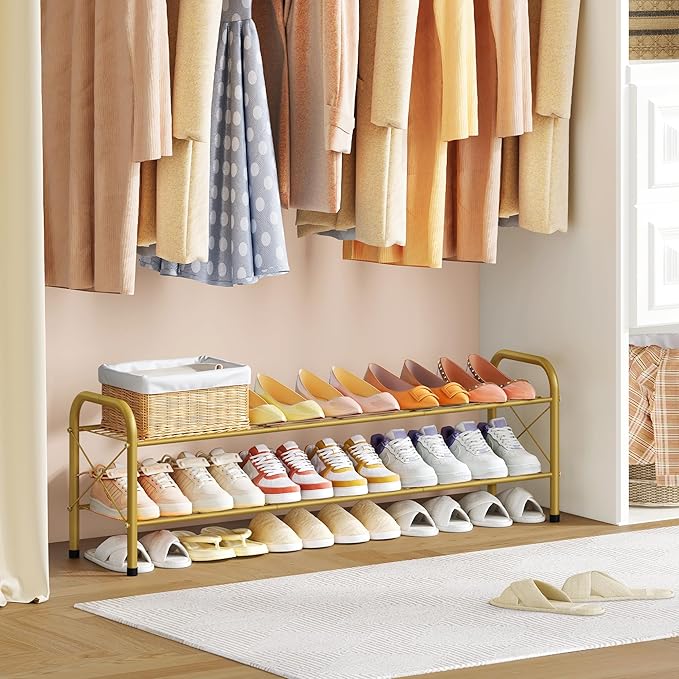 Hoctieon 2 Tier Shoe Rack for Closet, Durable Mesh Style Shoe Rack, Entryway Shoe Shelf, Shoe Storage Organizer for Hallway, Bedroom, Living Room, Wardrobe, Gold-NeatNest
