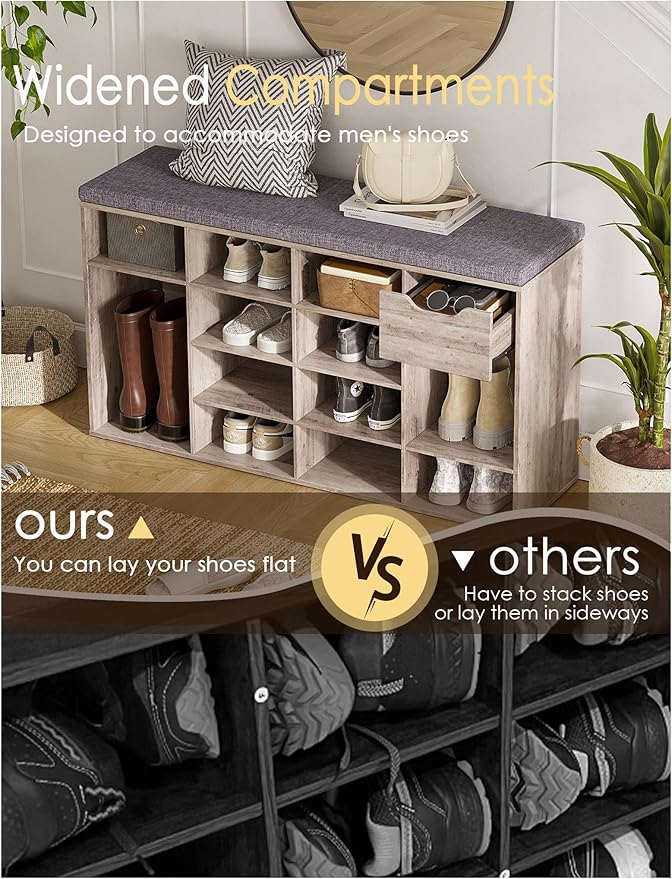 DINZI LVJ Shoe Bench, Entryway Storage Bench with Drawer and 15 Cubbies, Cubby Shoe Rack with Adjustable Shelves, Shoe Organizer Cabinet for Living Room, Bedroom, Mudroom, Closet and Garage, Greige-NeatNest