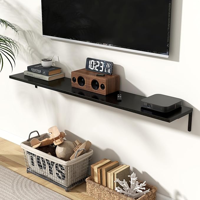 Fun Memories Deep Floating Shelves, 55W x 8D Floating Shelves Set of 2, Wall Mounted Shelf with Metal Brackets, Rustic Wood Wall Shelf for Bathroom, Kitchen and Living Room, Black-NeatNest