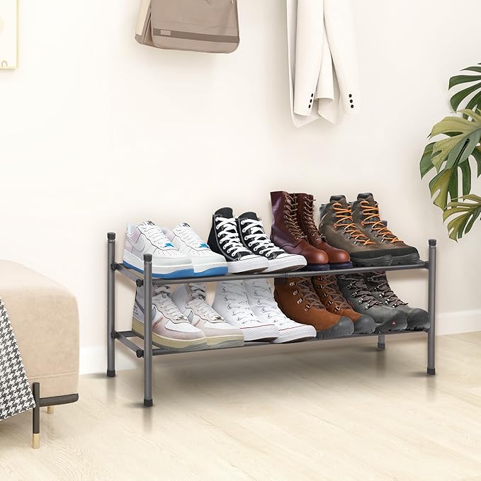 Shoe Rack, Expandable Shoe Storage Organizer for Closet, 2 Tier Metal Shoe Rack for Entryway, Adjustable Small Shoe Shelf for Front Door Entrance, Small Space, Garage-NeatNest