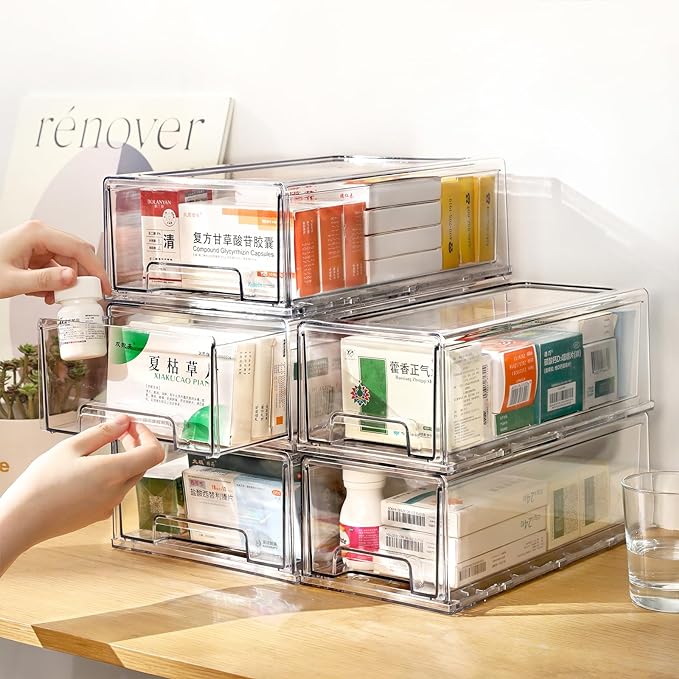 clear Drawer-Type Plastic Storage Box Bins Organizer，Family First Aid Kits Medicine cabinet Box Organizer,Closet ，Shelf，Ointments, Adhesive Bandages，Cosmetics,Office Items (clear, 2L)-NeatNest