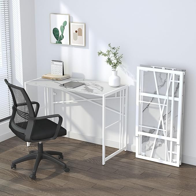 Folding Computer Desk 40 inch Writing Gaming Computer Camping Desk, No Assembly Required Home Office Table, White Marble-NeatNest
