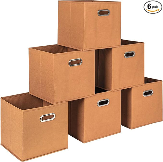 Household Essentials Fabric Storage Cube Bins, 6 Piece Set, Strong Poly-Woven Fabric, Chipboard Sides, Grommet Front Handle, Stackable and Foldable, Classic Design, Terracotta Color