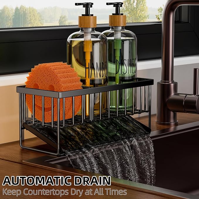 Cisily Dish Soap Dispenser, 16 fl Oz Dual Kitchen Soap Dispensers with Sponge Holder, Customized Stainless Steel Kitchen Soap Dispenser Set, Modern Hand and Dish Soap Bottle Set Removable-NeatNest