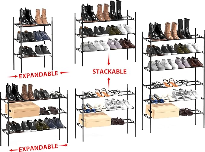 Simple Houseware 3-Tier Expandable and Stackable Shoe Racks with Shelves for 12 Pairs of Shoes, Black-NeatNest
