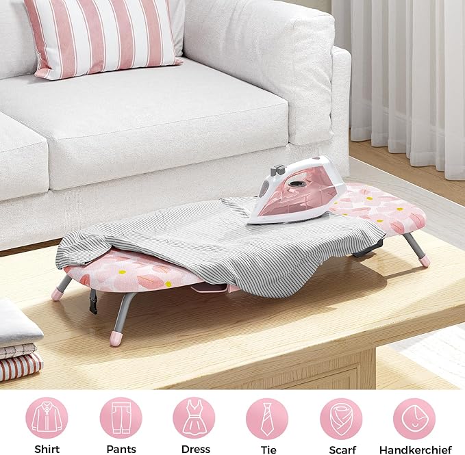 APEXCHASER Small Ironing Board with Iron Holder, Compact Iron Board with Non-Slip Feet, Portable Tabletop Ironing Board with Cotton Cover for Small Spaces and Travel, Pink