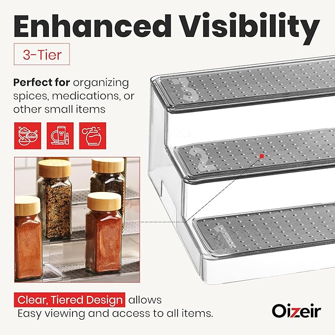 Expandable Spice Organizer Rack - 3-Tier - Clear Adjustable Tiered Shelf Spices Organization for Kitchen Cabinet and Pantry Storage-NeatNest
