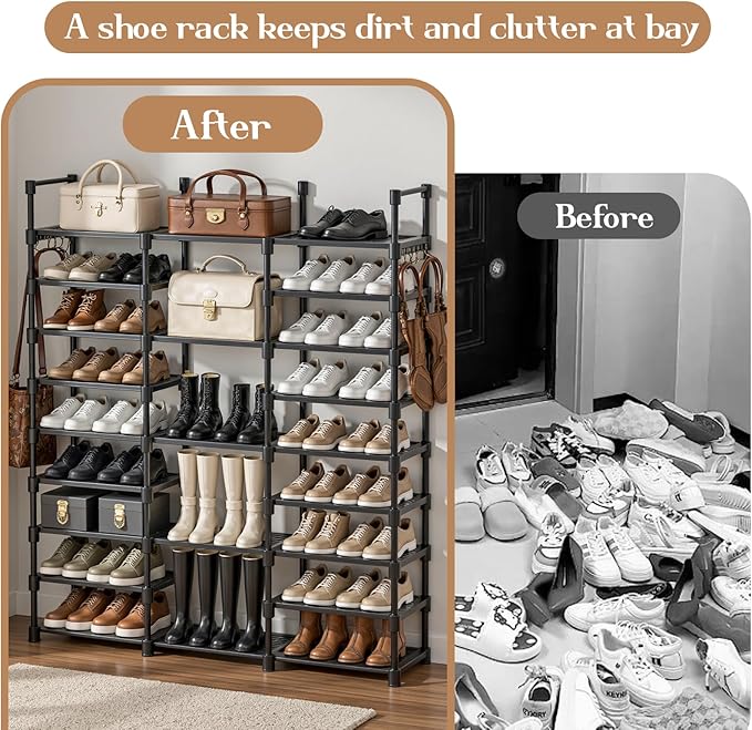 Shoe Rack Storage Shelf Stand Cabinet, 9 Tier Shoe Organizer for Closet Entryway Holds 50-55 Pairs Stackable Space Saving Storage Freestanding Shelf with Hooks-NeatNest