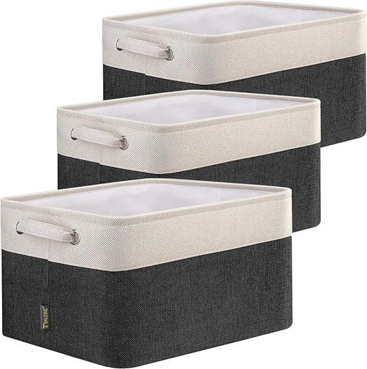 BALEINE 3 Pack Fabric Storage Bins for Shelves, Linen Storage Baskets for Organizing, Decorative Closet Bins for Clothes, Home (Black, 12"x8"x8")-NeatNest