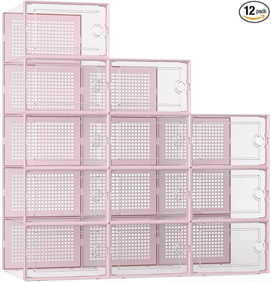 Kuject X-Large Shoe Storage Boxes Organizers Clear Plastic Stackable 12 Pack, Shoe Rack & Holder Substitute, Sneaker Containers, Toy Storage Organizer Bins for Entryway, Closet, Under Bed, Pink-NeatNest