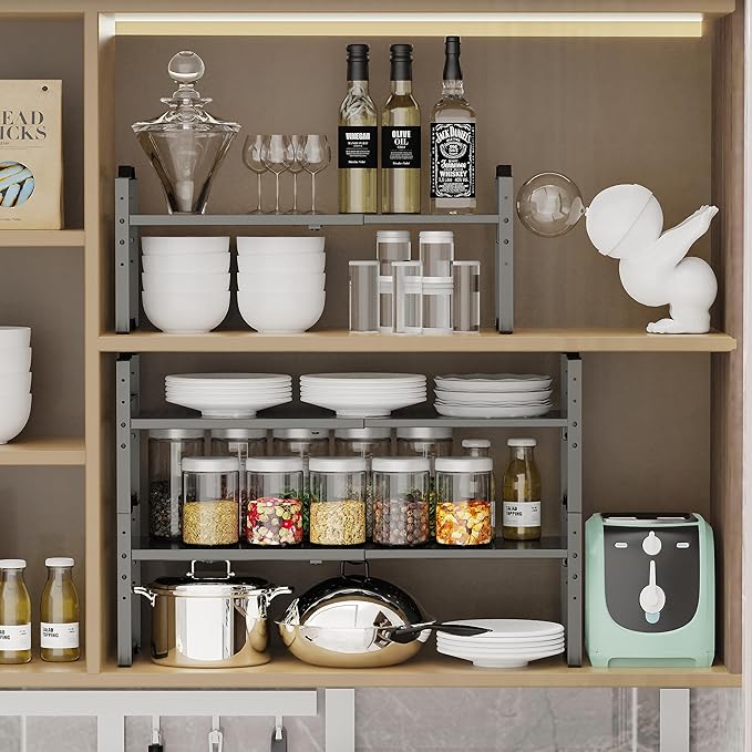 Expandable Shelf for Cabinet Organizer Adjustable Stackable Spice Rack at Kitchen and Bathroom More, Counter Countertop Cupboard Organization Pantry Storage (1 Pack/Gun-Grey, Large)-NeatNest