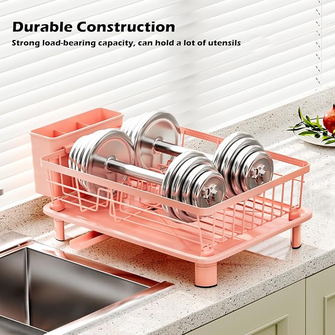 Small Dish Drying Rack, Space Saving Dish Racks for Kitchen Counter, Kitchen Organizer Dish Drainer with Cutlery Holder for Spoons and Forks, 11''W x 15''L, Pink